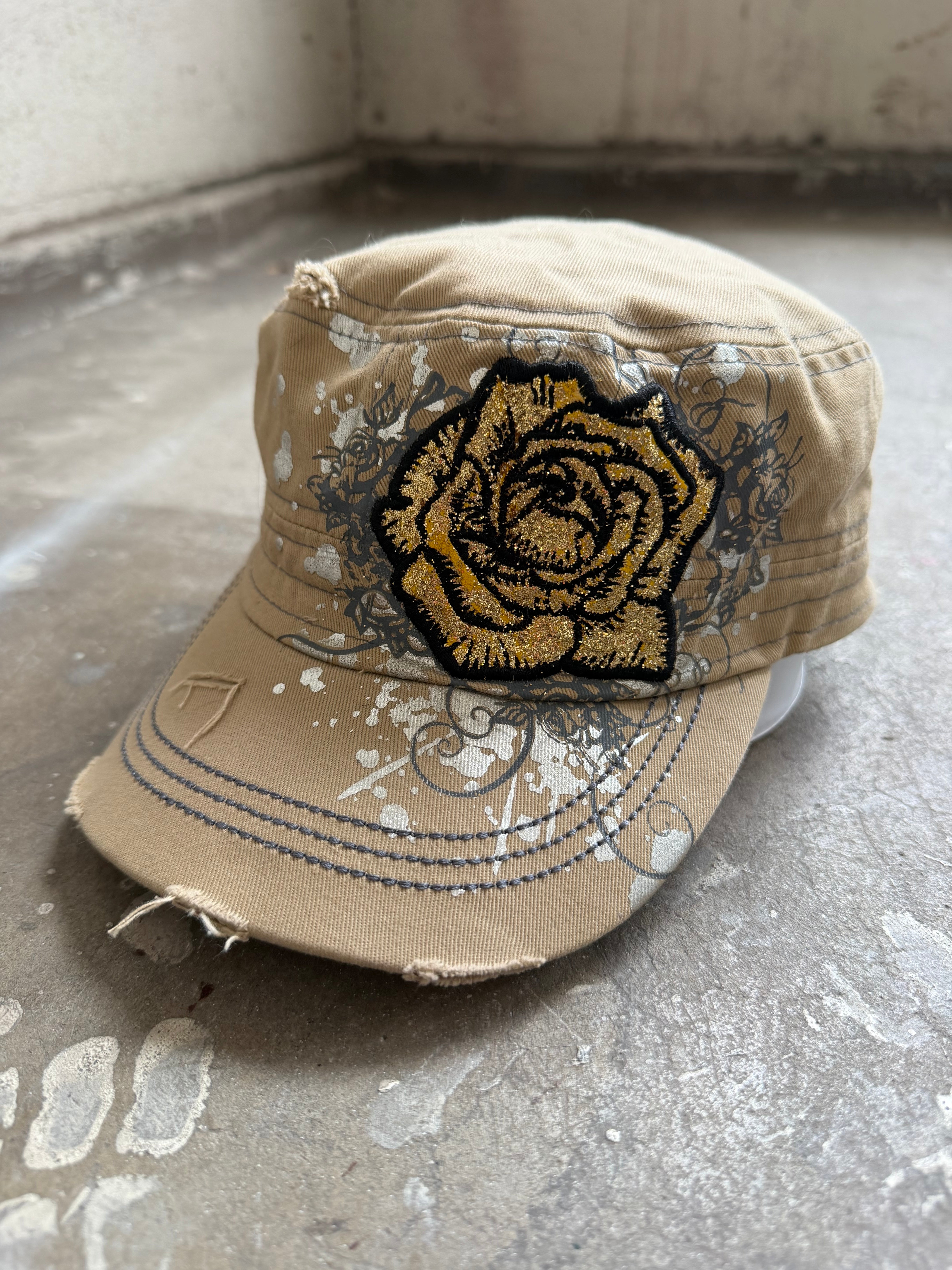 Beige Flower Bedazzled Cap