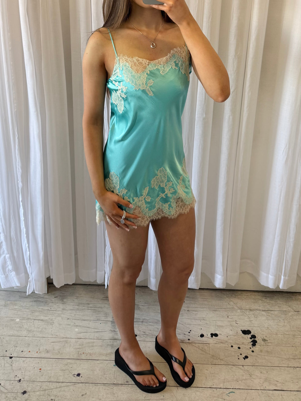 Satin Teal & White Lace Slip