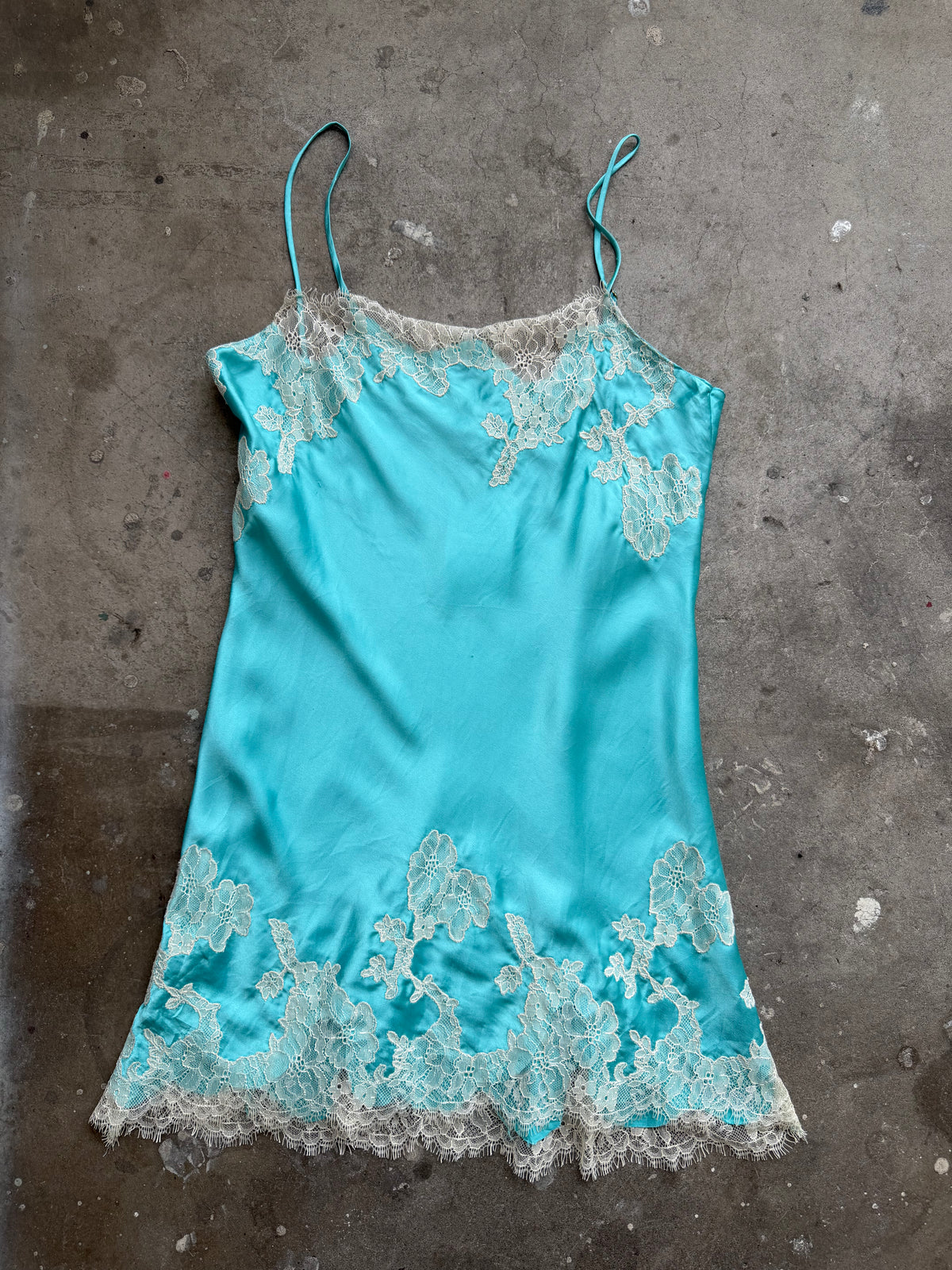 Satin Teal & White Lace Slip