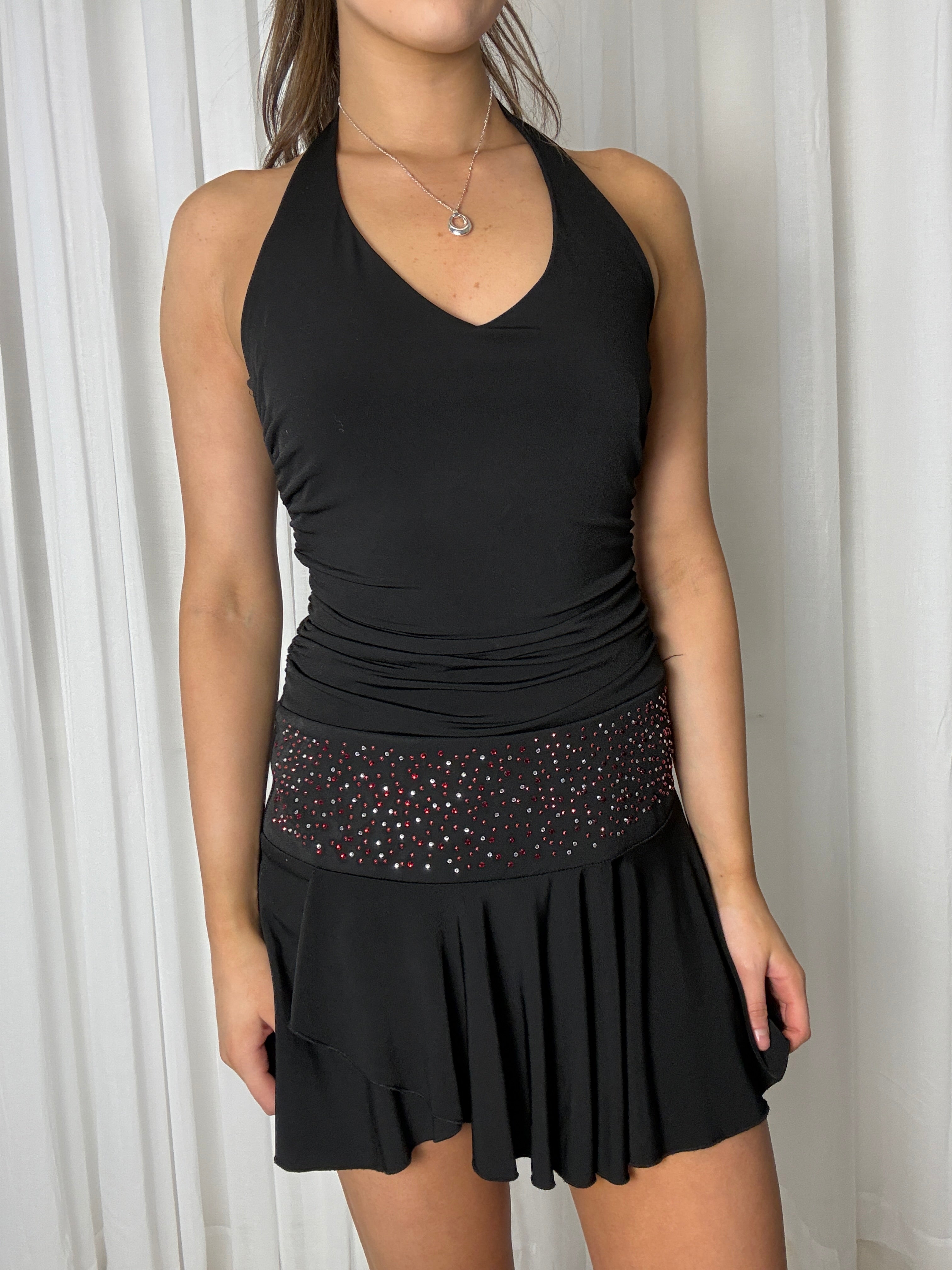 Black Ruched Rhinestone Dress - S