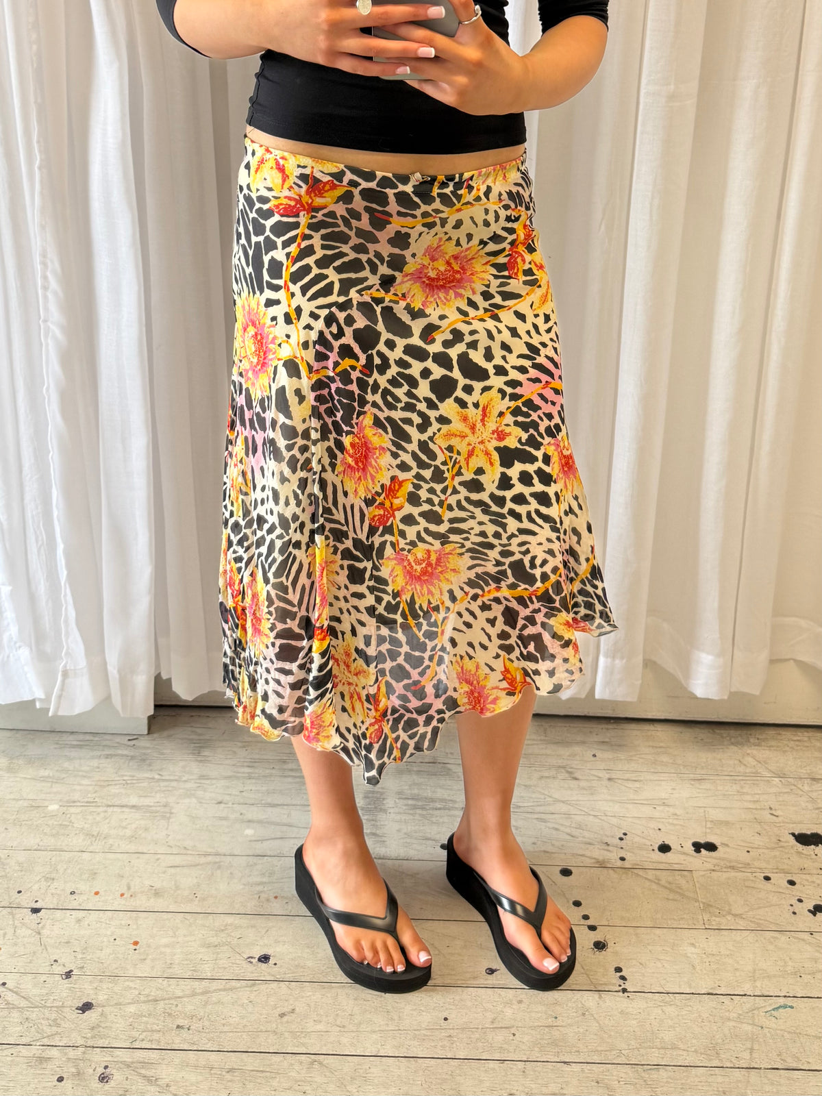 Yellow Floral Pattern Midi Skirt