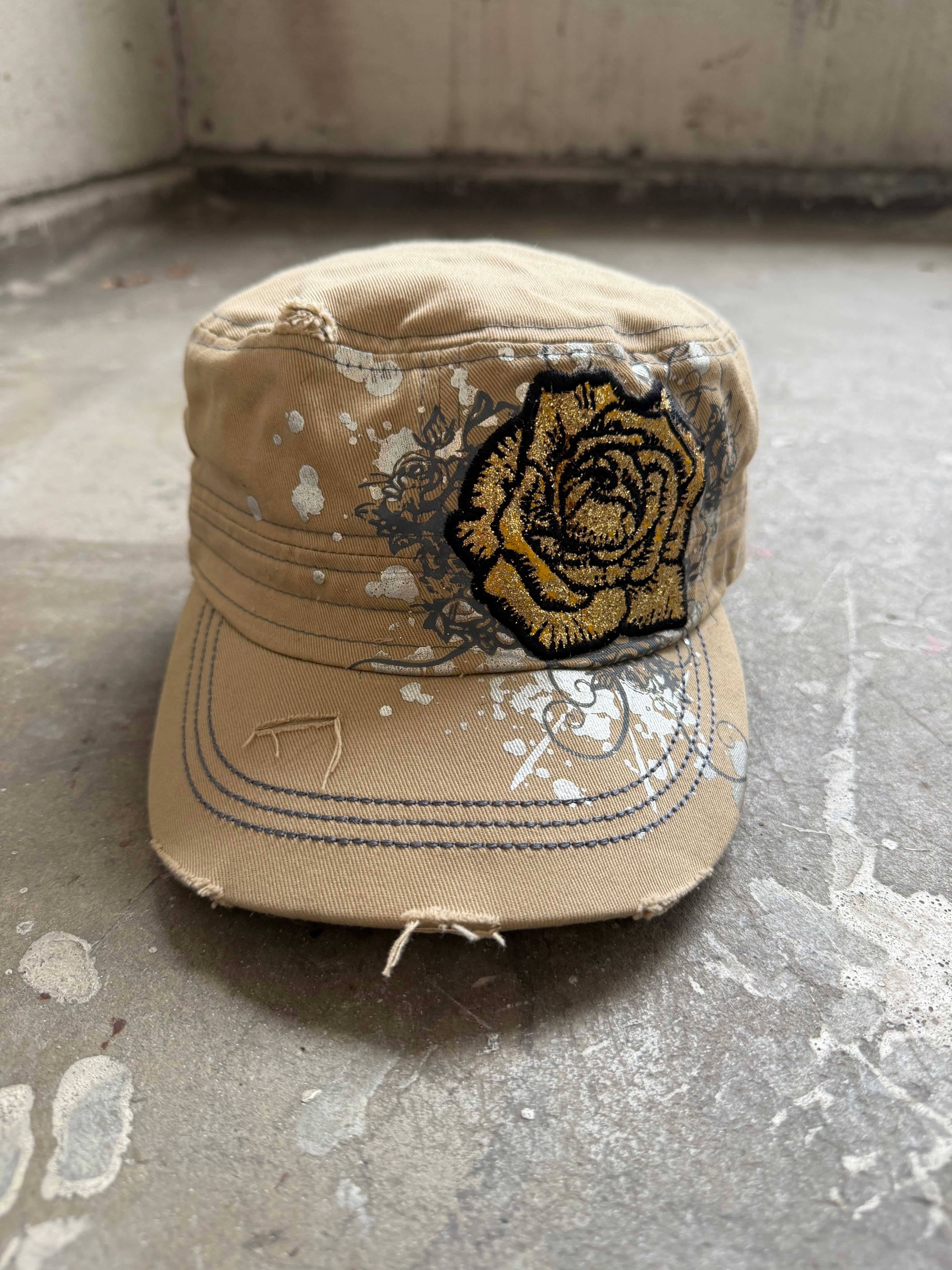 Beige Flower Bedazzled Cap
