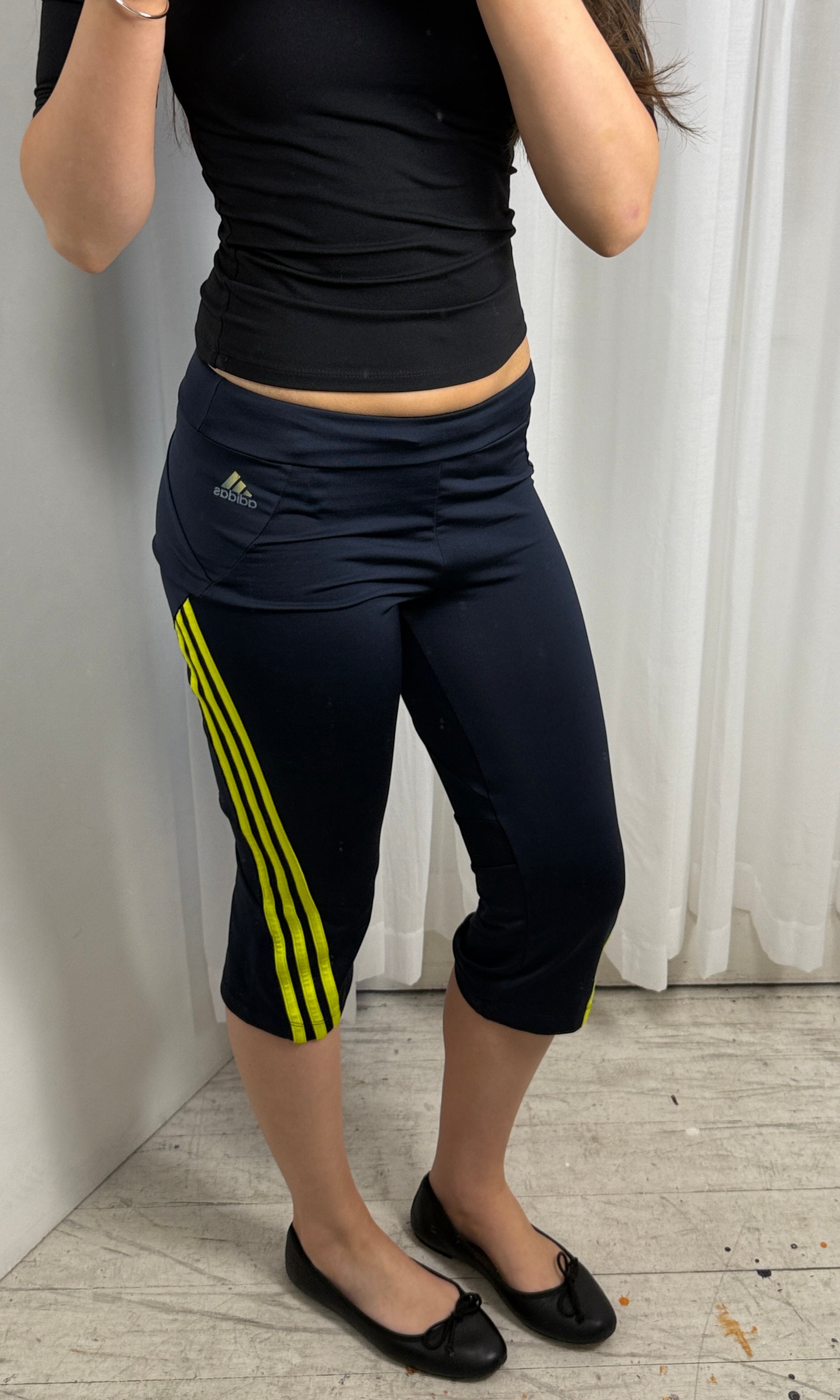 Navy Adidas Capri with Yellow Stripes - S